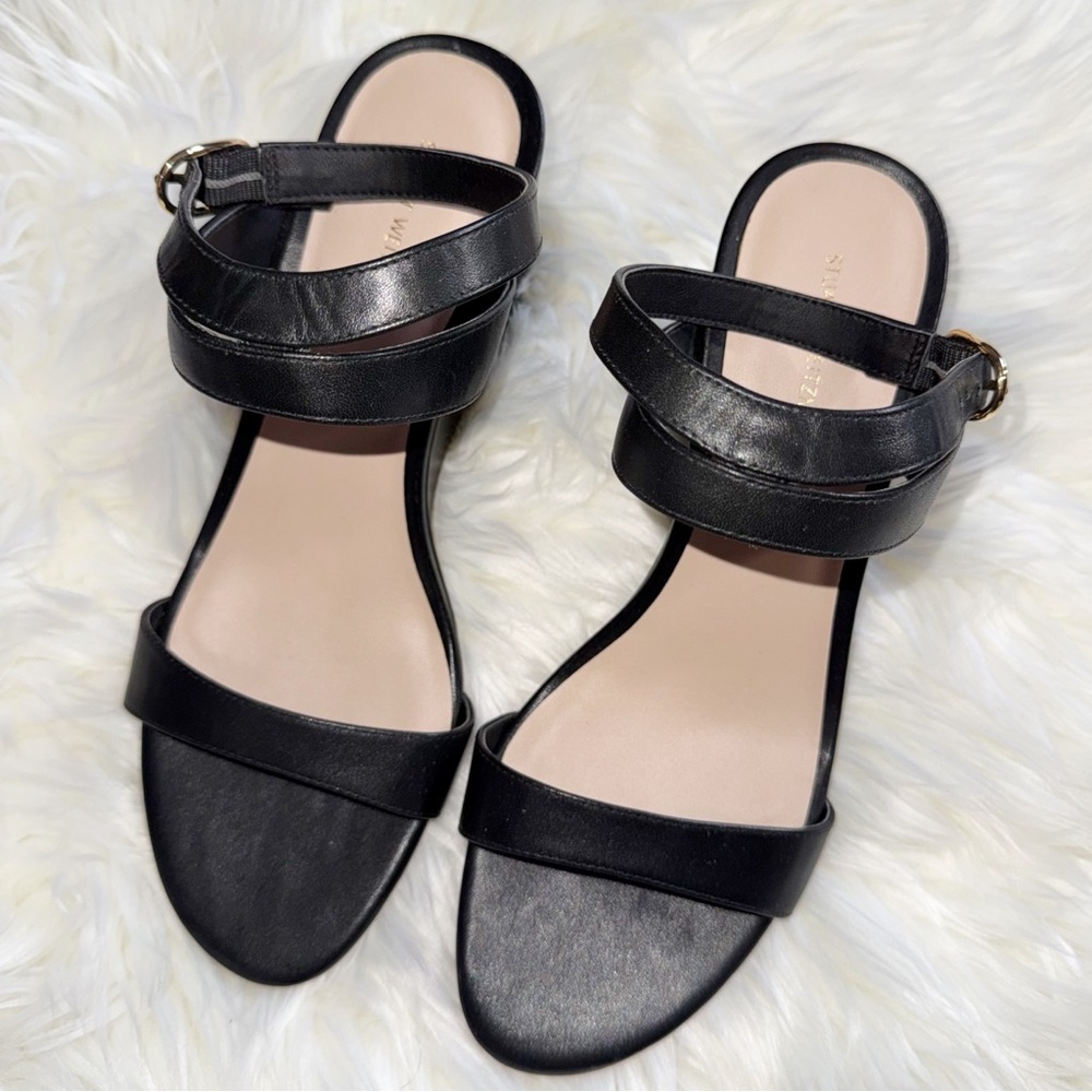 Stuart Weitzman Ave Strap Black Leather Wedge Heel Size 9.5